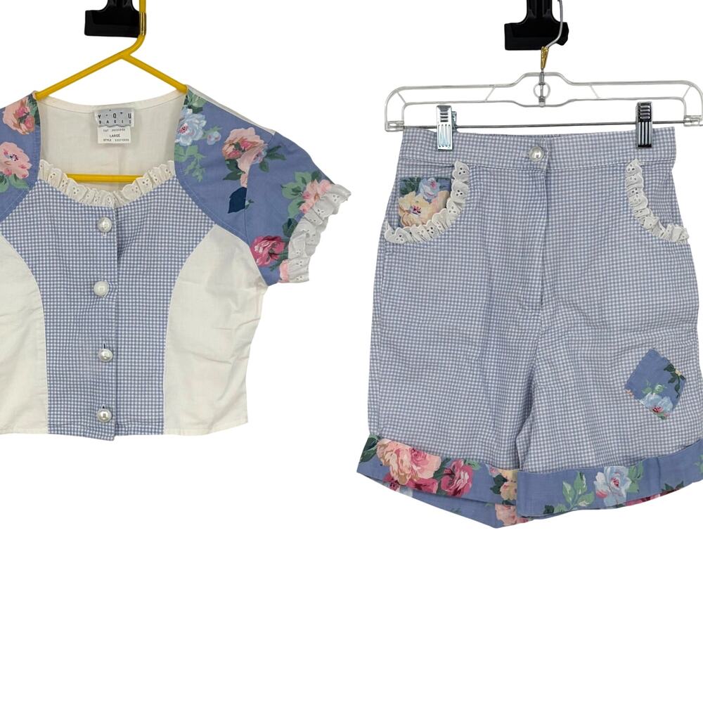 YOU Babes Vintage Girls Floral Gingham Blue Crop Top & High Waisted Shorts Set